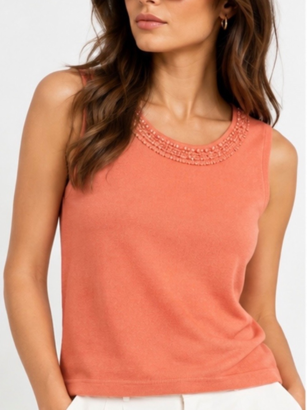 Zacks Women’s L Coral Knit Sleeveless Top Beaded Embellished Rayon Blend